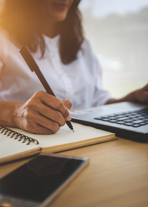 young woman  with learning language during online courses using netbook